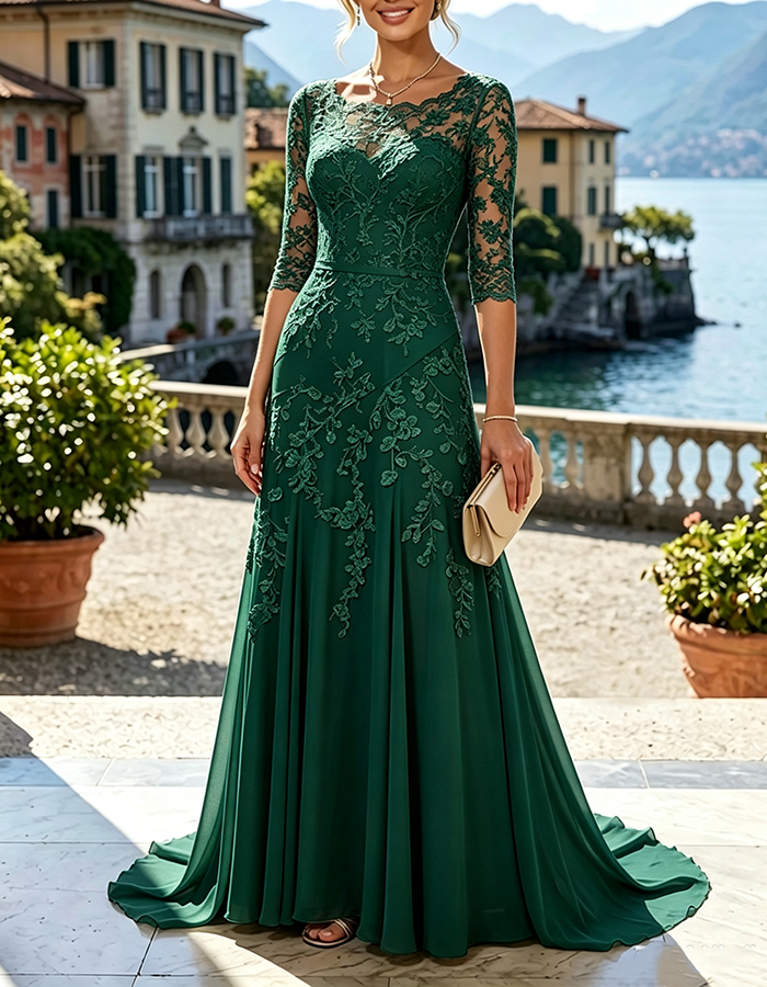 Vestido largo de gasa estilo sirena, color ilusión champán, con mangas tres cuartos y aplicaciones florales de encaje