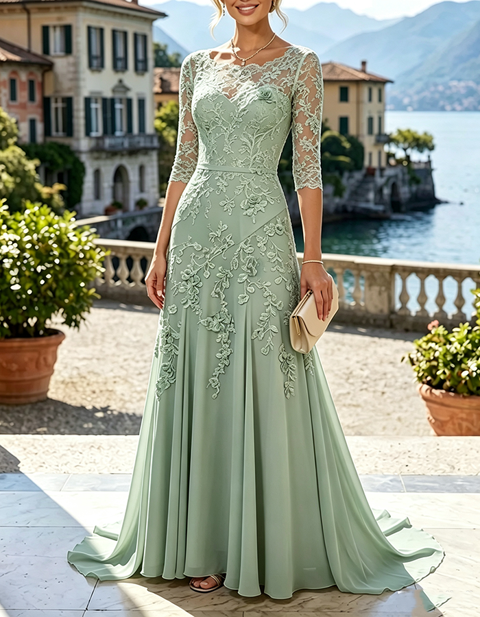Vestido largo de gasa estilo sirena, color ilusión champán, con mangas tres cuartos y aplicaciones florales de encaje