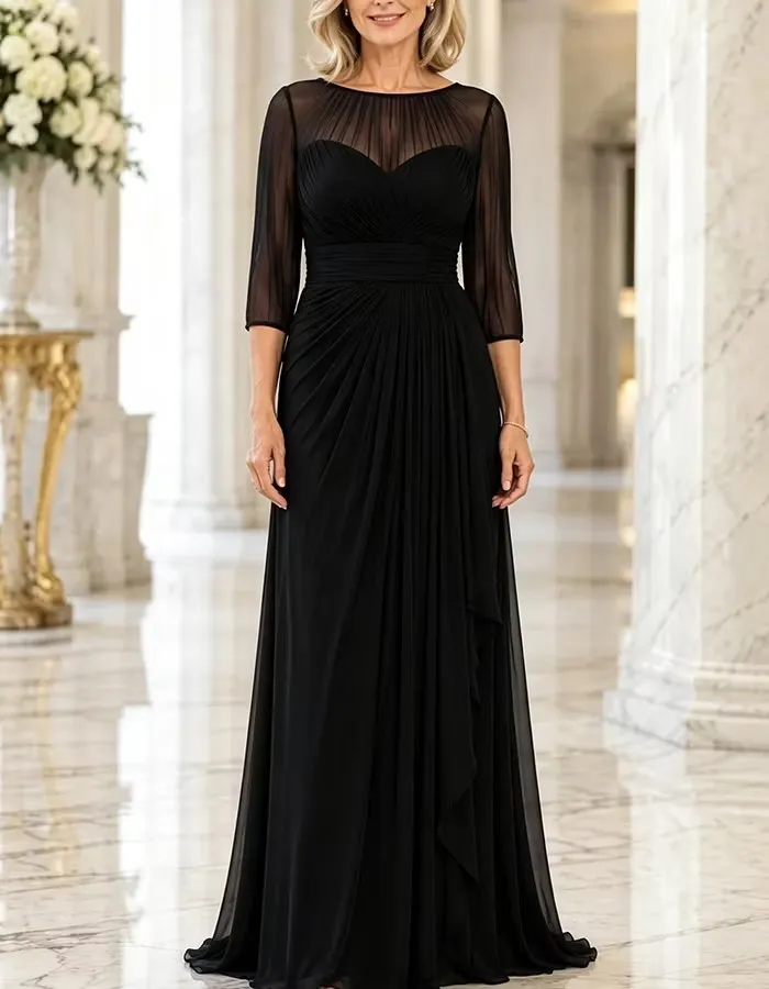 Vestido maxi de chiffon plissado azul-marinho, de corte em A, com ilusão, gola redonda e mangas a três quartos