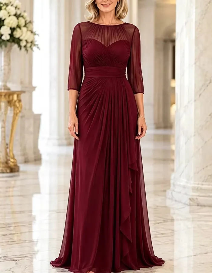 Vestido maxi de chiffon plissado azul-marinho, de corte em A, com ilusão, gola redonda e mangas a três quartos
