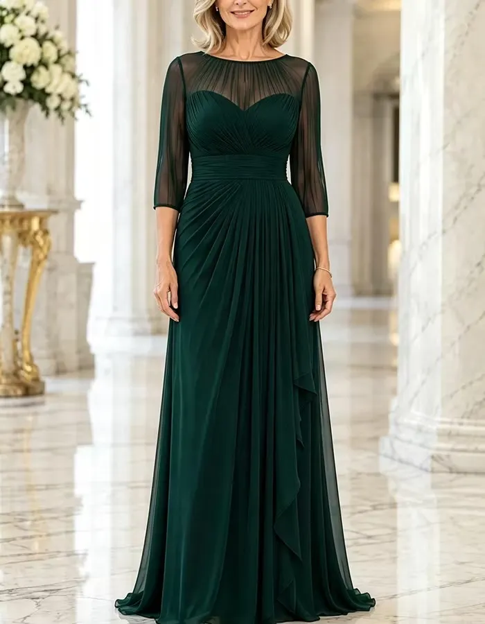 Vestido maxi de chiffon plissado azul-marinho, de corte em A, com ilusão, gola redonda e mangas a três quartos