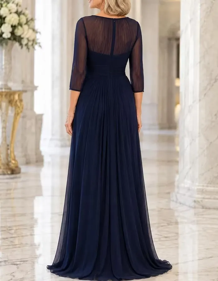 Rochie maxi bleumarin, cu efect de iluzie, decolteu rotund, mâneci trei sferturi, șifon plisat și croială în A