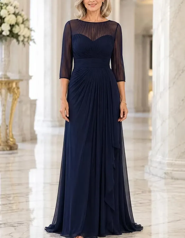 Vestido maxi de chiffon plissado azul-marinho, de corte em A, com ilusão, gola redonda e mangas a três quartos