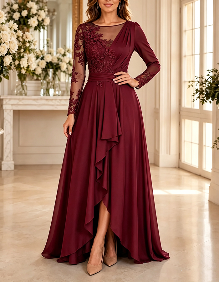 Vestido maxi verde «Ilusão» de chiffon, decote em V, mangas compridas, aplicação de renda floral, corte em linha A e bainha assimétrica relvada