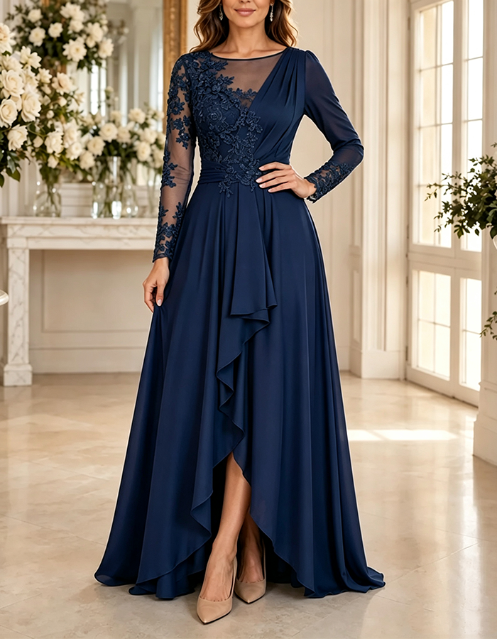 Vestido maxi verde «Ilusão» de chiffon, decote em V, mangas compridas, aplicação de renda floral, corte em linha A e bainha assimétrica relvada