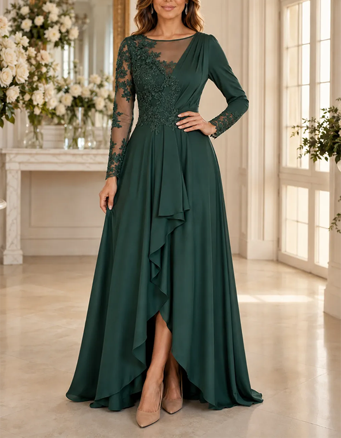 Vestido maxi verde «Ilusão» de chiffon, decote em V, mangas compridas, aplicação de renda floral, corte em linha A e bainha assimétrica relvada