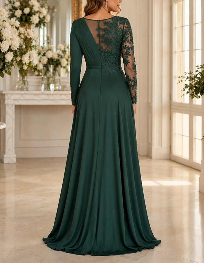 Green Illusion V‑Neck Long‑Sleeve Floral‑Lace‑Appliqué Chiffon A‑Line High‑Low Maxi Dress