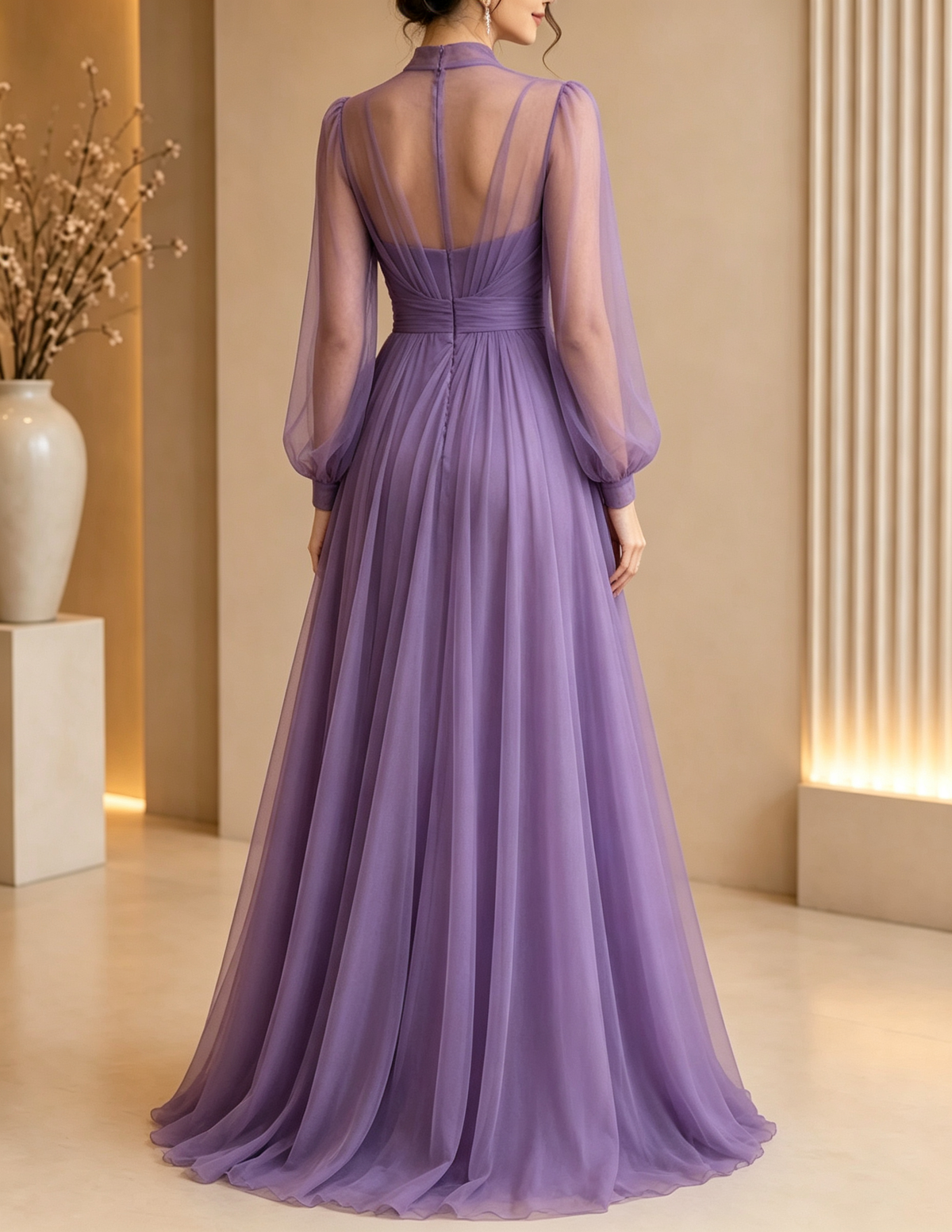 High‑Neck Tulle Puff‑Sleeve Ruched A‑Line Maxi Dress