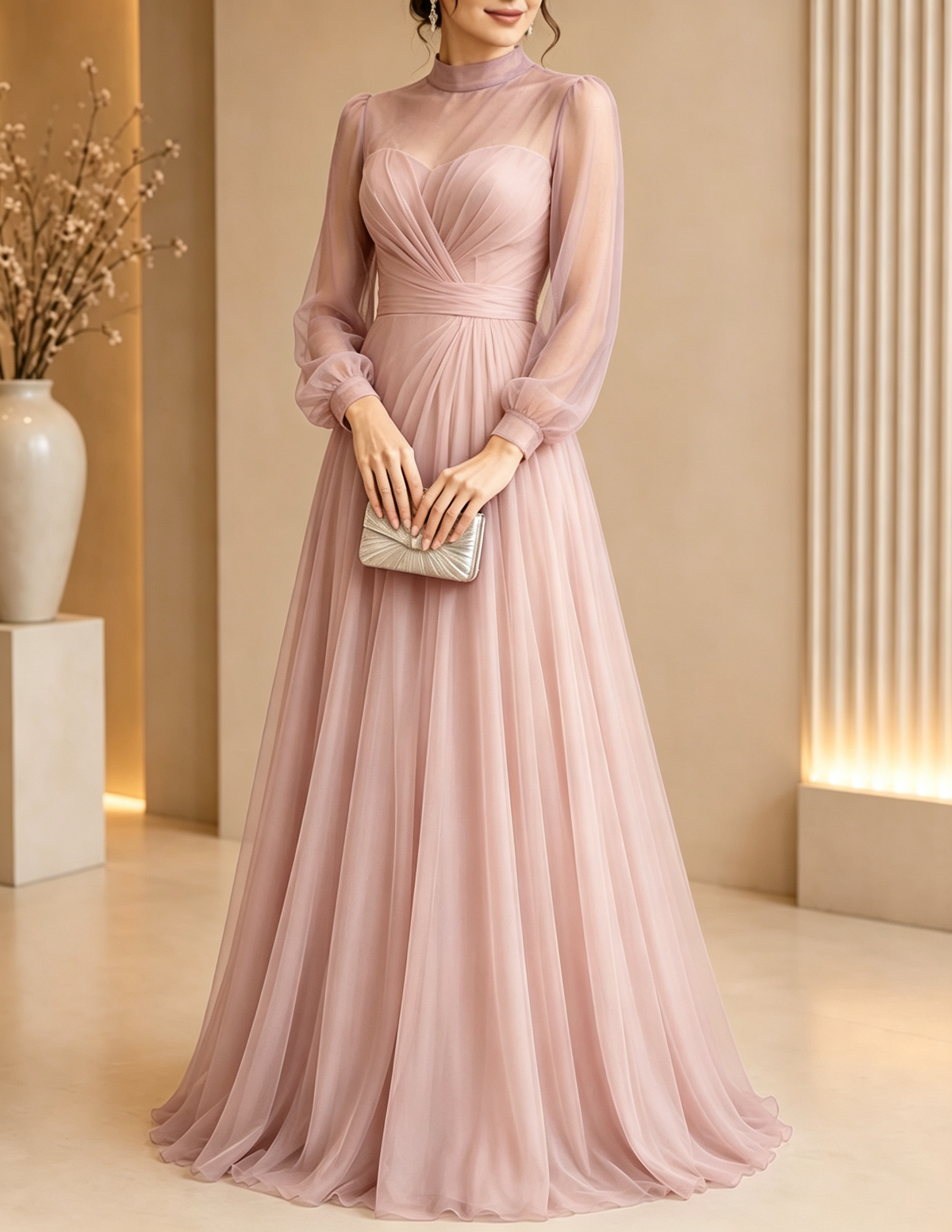 High‑Neck Tulle Puff‑Sleeve Ruched A‑Line Maxi Dress