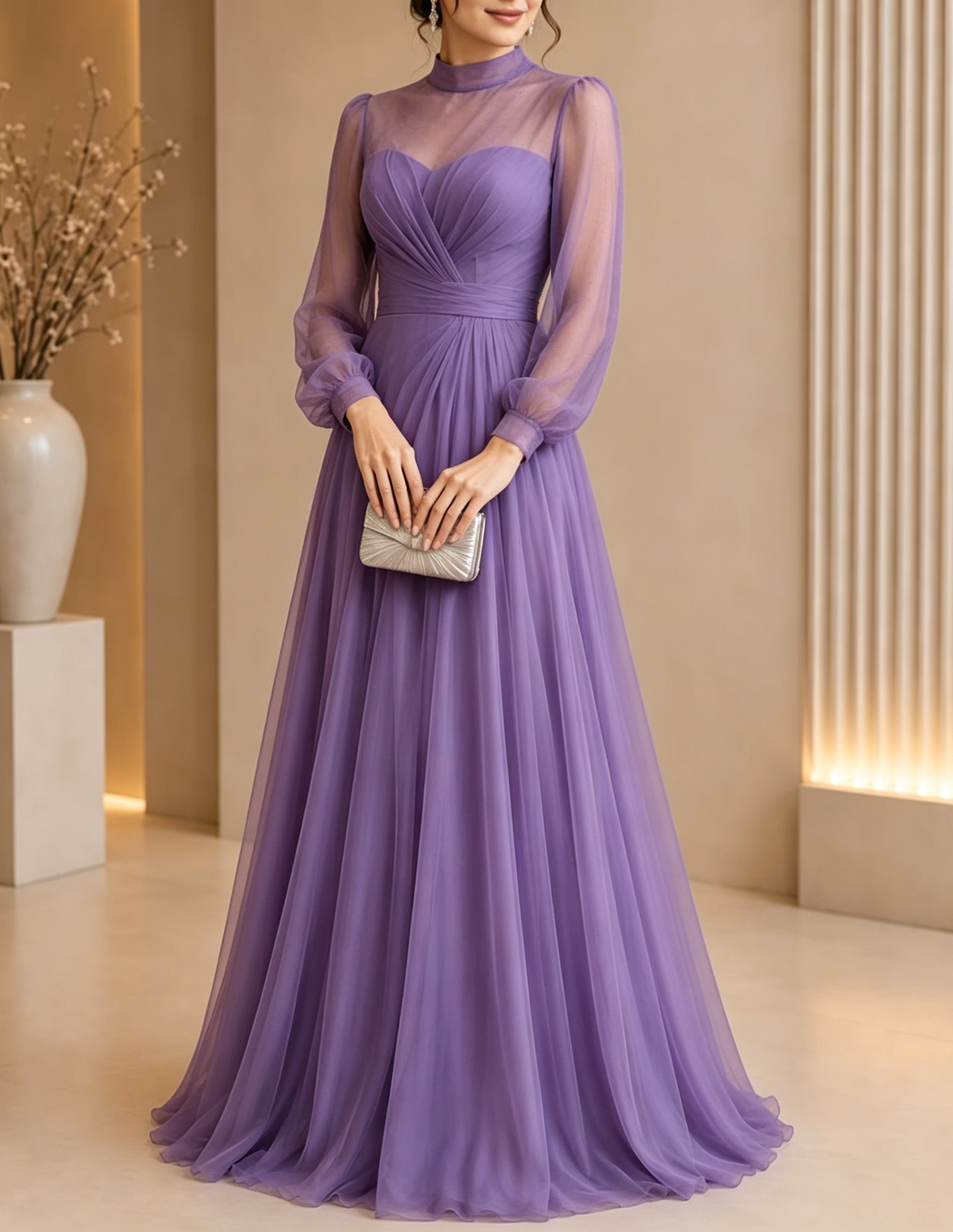 High‑Neck Tulle Puff‑Sleeve Ruched A‑Line Maxi Dress