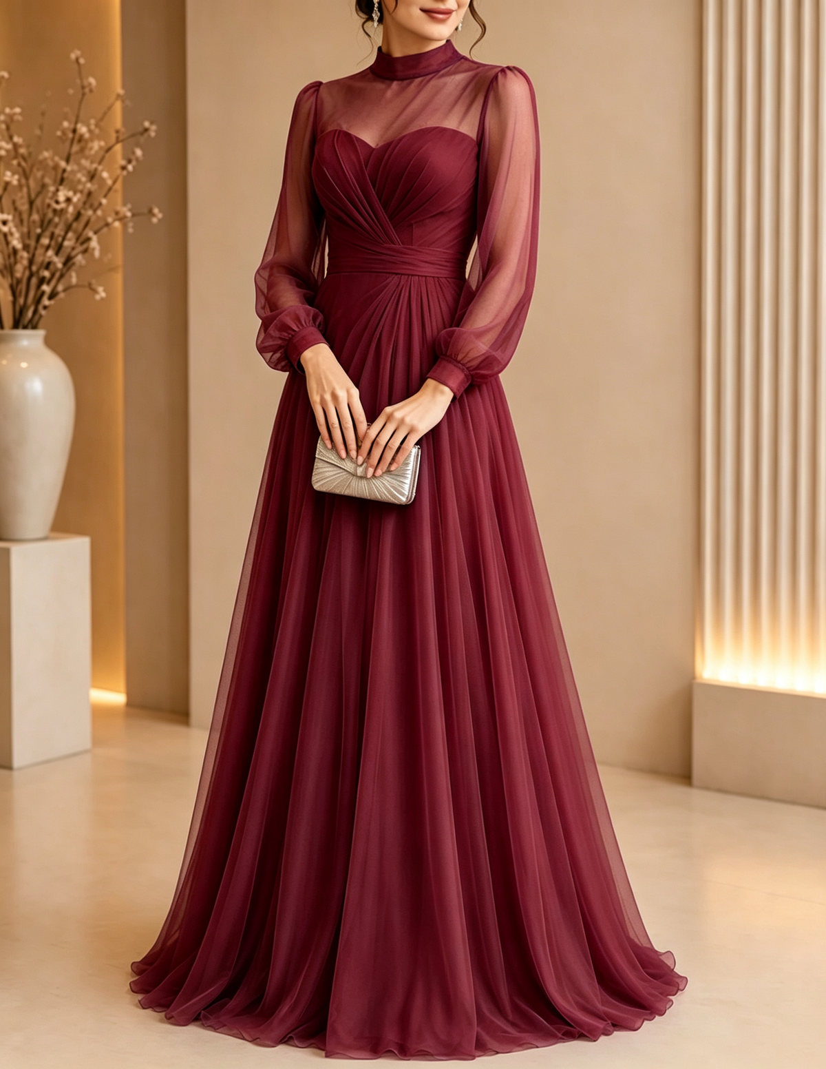 High‑Neck Tulle Puff‑Sleeve Ruched A‑Line Maxi Dress