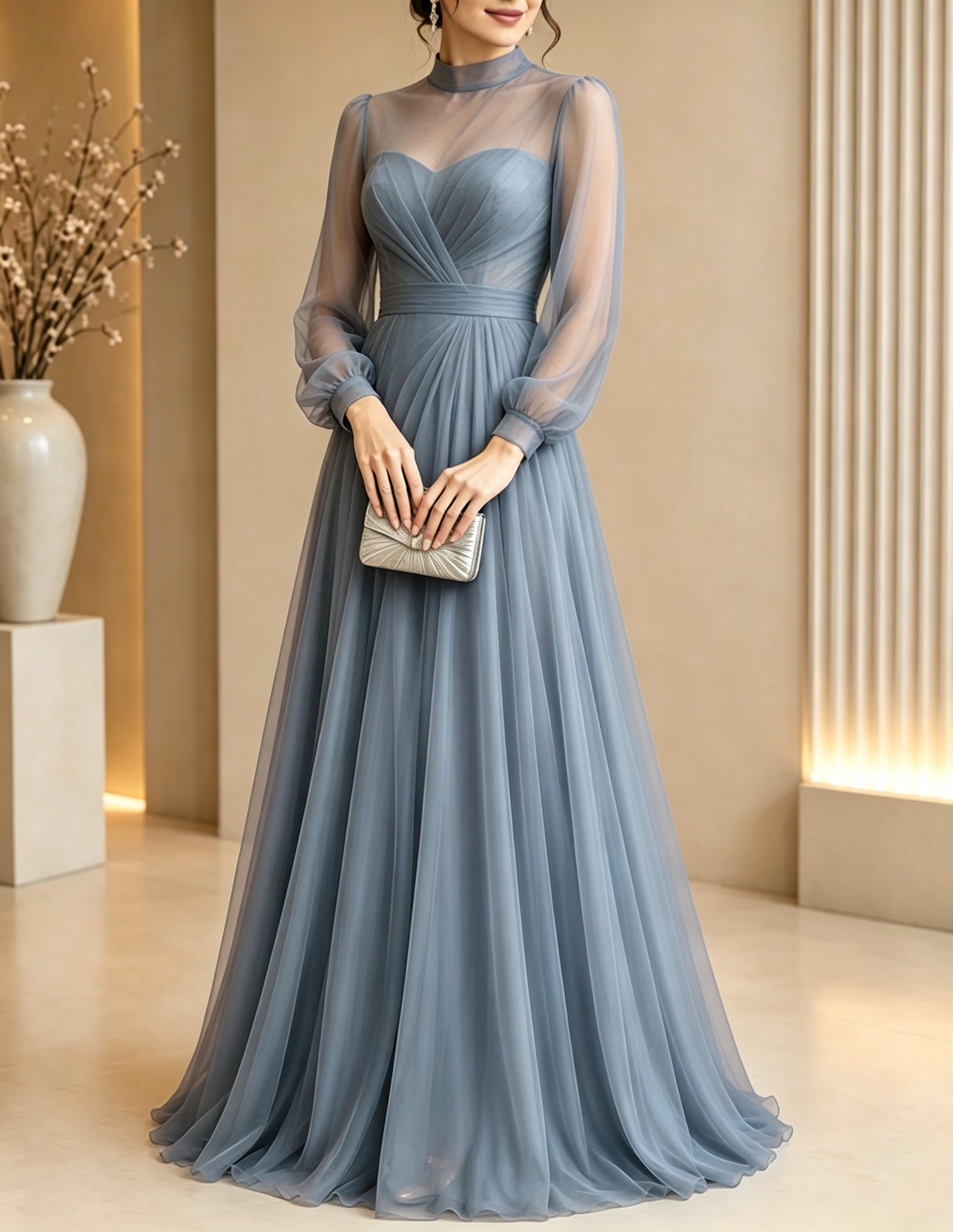 High‑Neck Tulle Puff‑Sleeve Ruched A‑Line Maxi Dress
