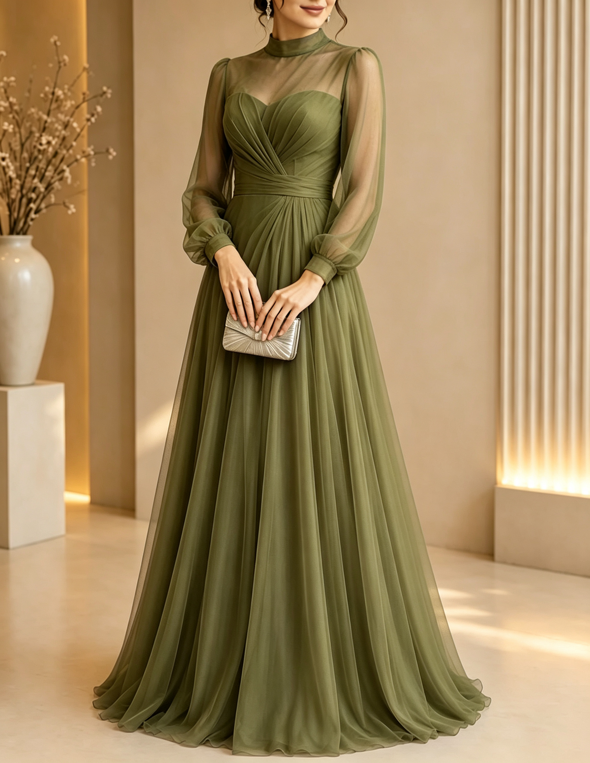 High‑Neck Tulle Puff‑Sleeve Ruched A‑Line Maxi Dress