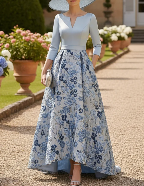 Hellblaues Satin-Maxikleid in A-Linie mit V-Ausschnitt, langen Ärmeln und Jacquard-Muster
