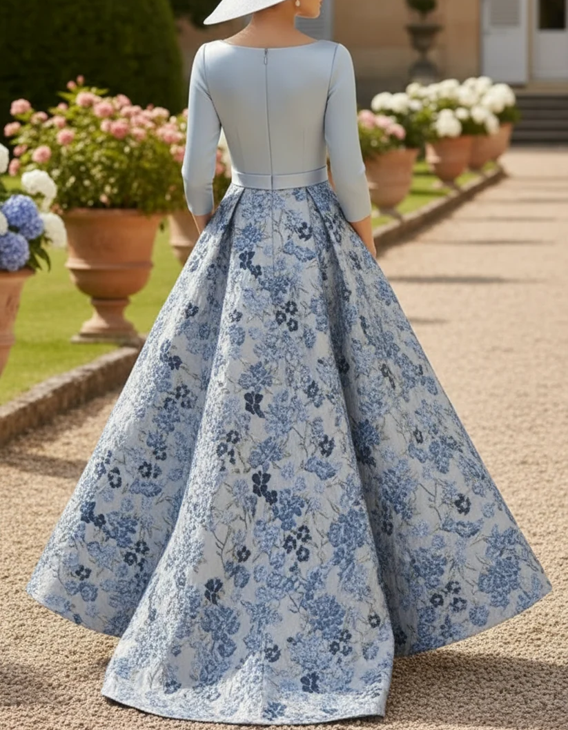 Hellblaues Satin-Maxikleid in A-Linie mit V-Ausschnitt, langen Ärmeln und Jacquard-Muster