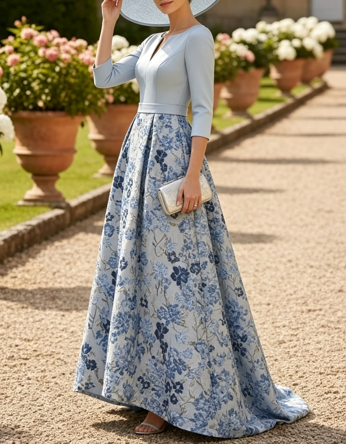 Hellblaues Satin-Maxikleid in A-Linie mit V-Ausschnitt, langen Ärmeln und Jacquard-Muster