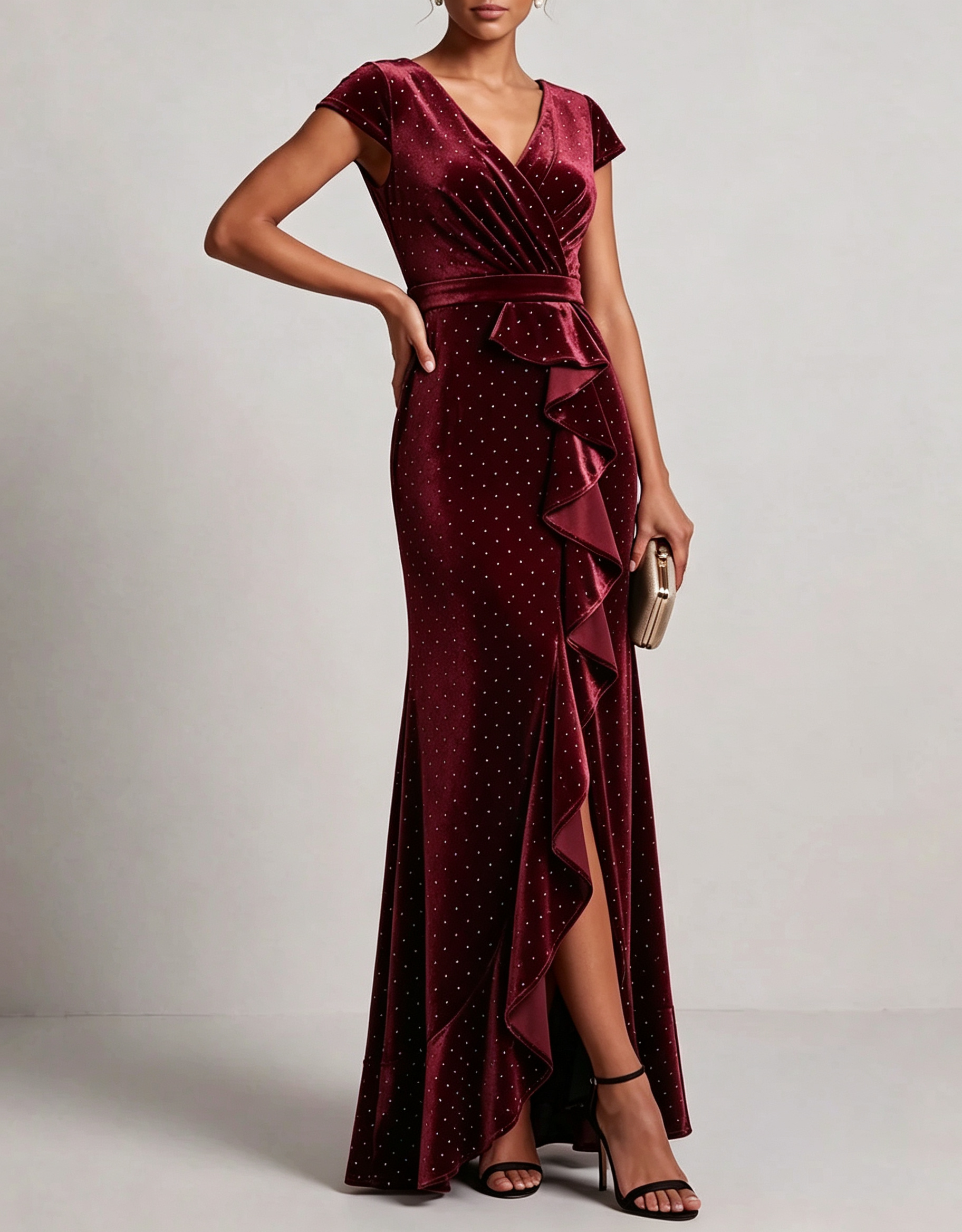 Vestido maxi de terciopelo con volantes, escote en V, pedrería y corte sirena