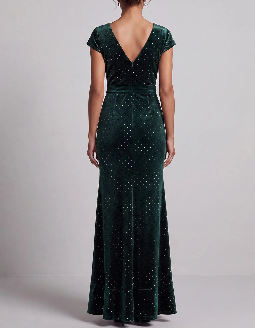 Robe maxi sirène en velours à volants, avec encolure en V et strass