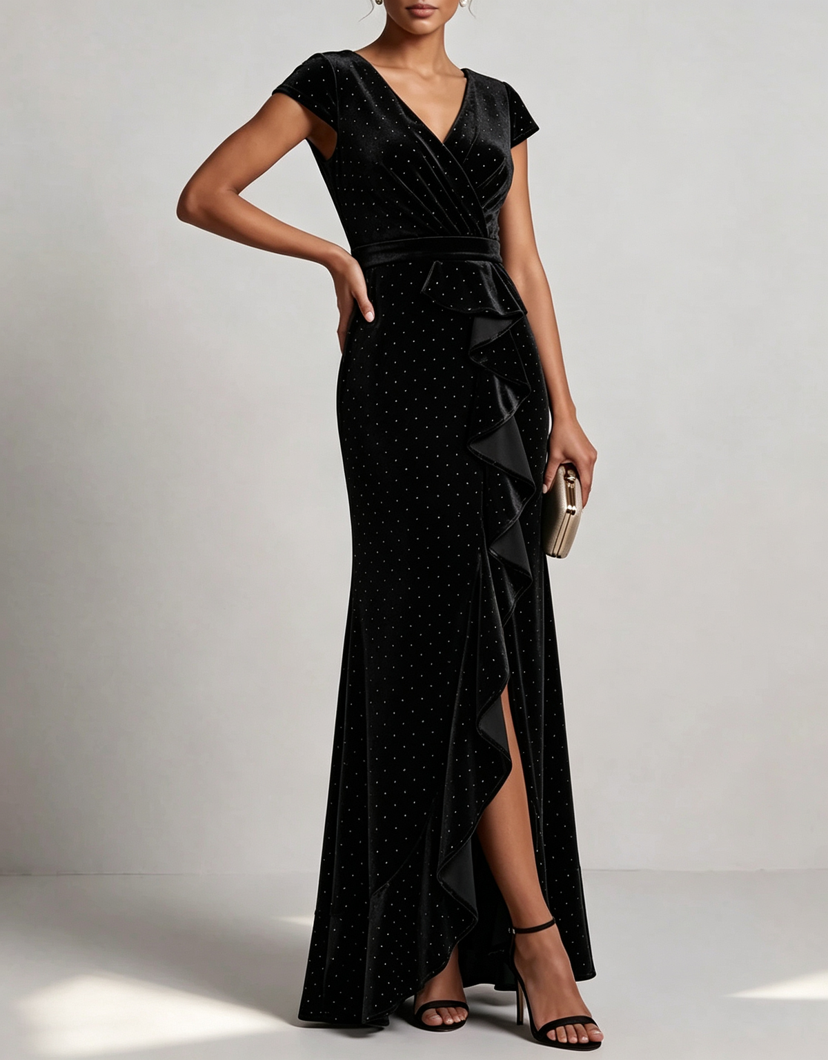 Vestido maxi de terciopelo con volantes, escote en V, pedrería y corte sirena