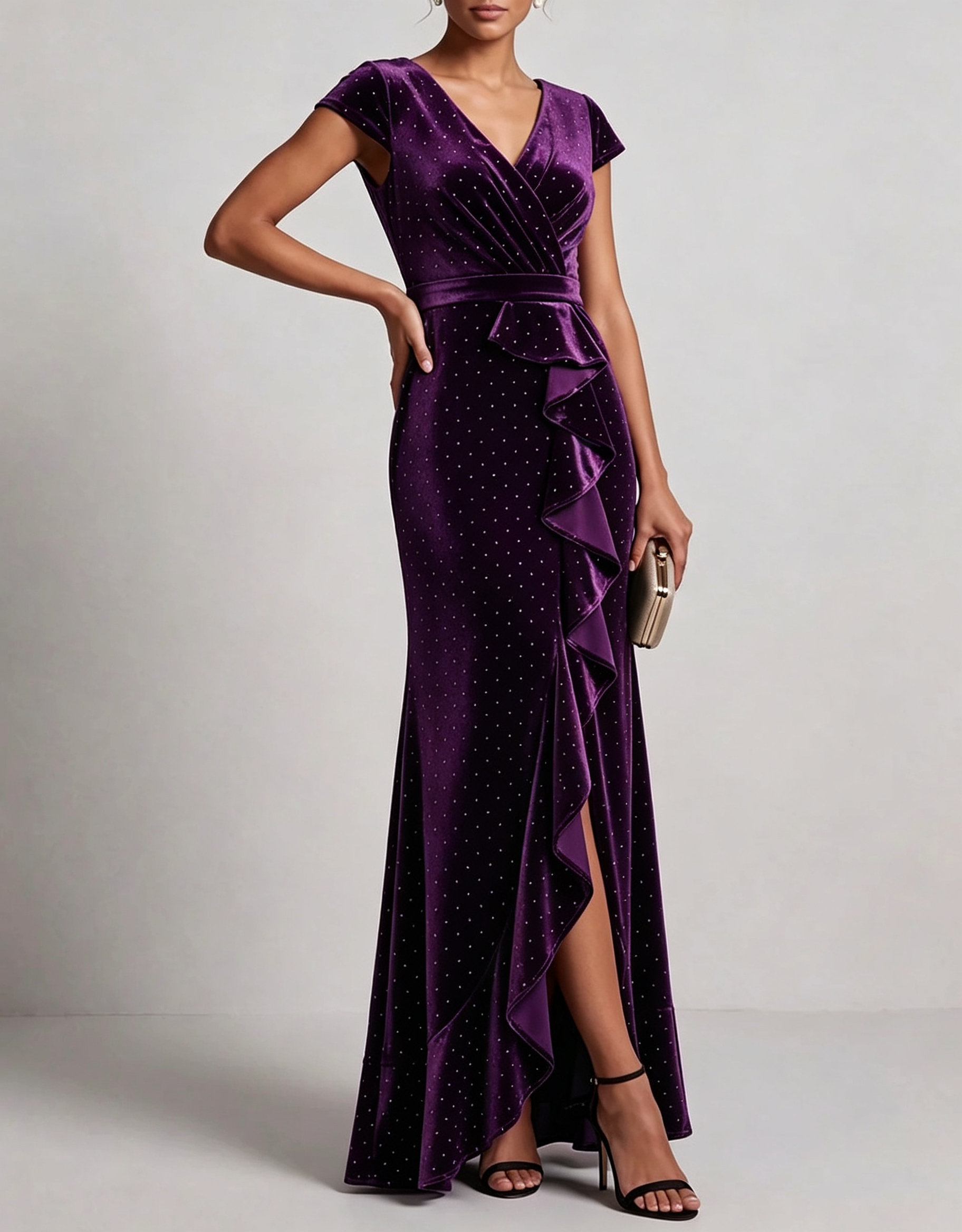 Vestido maxi de terciopelo con volantes, escote en V, pedrería y corte sirena