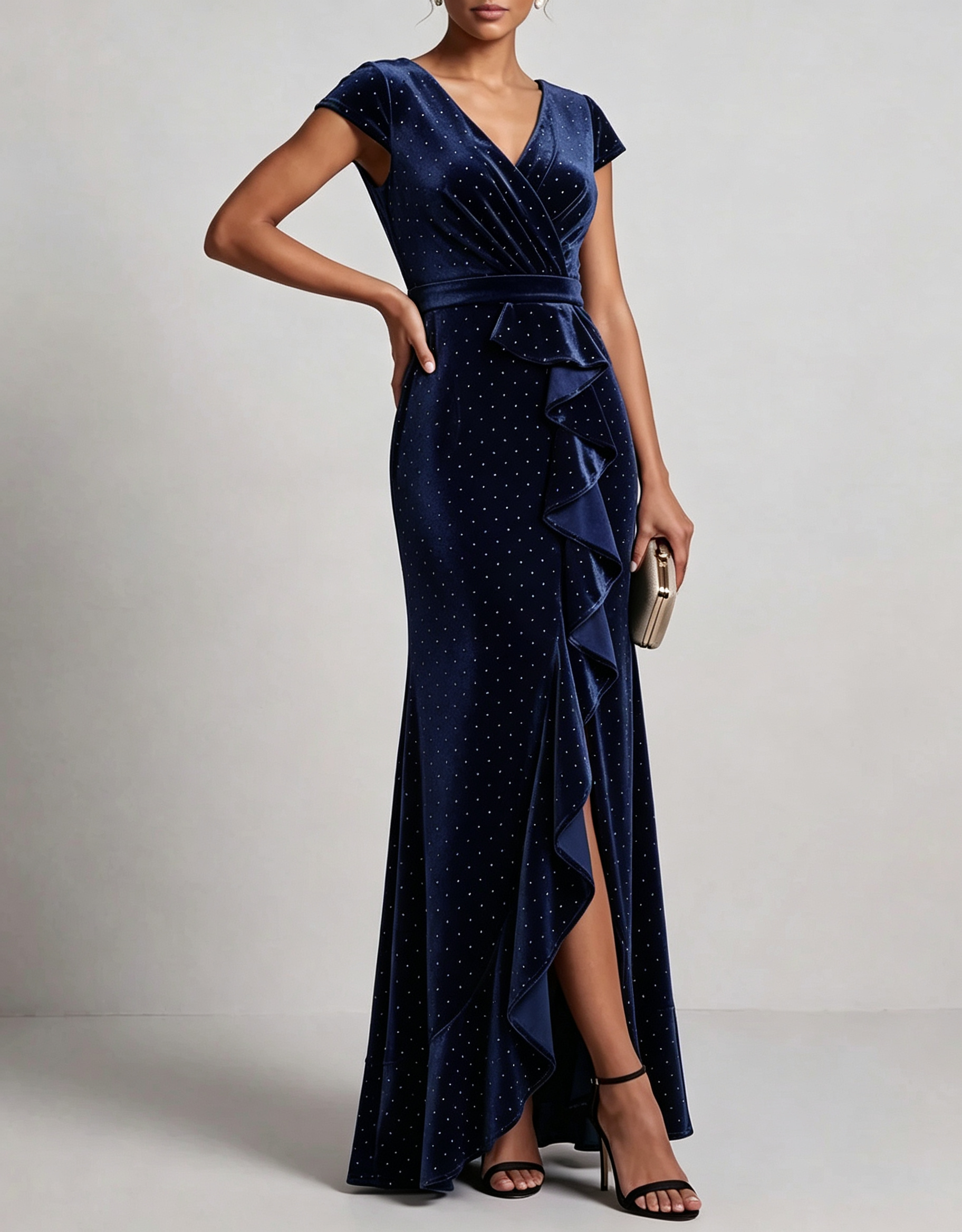 Vestido maxi de terciopelo con volantes, escote en V, pedrería y corte sirena