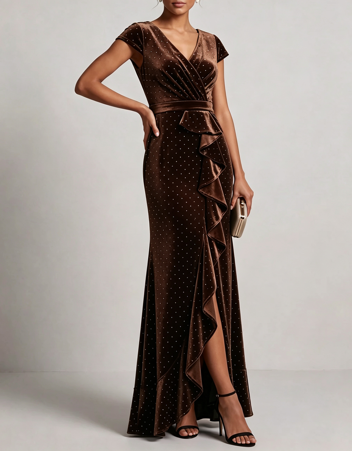 Vestido maxi de terciopelo con volantes, escote en V, pedrería y corte sirena