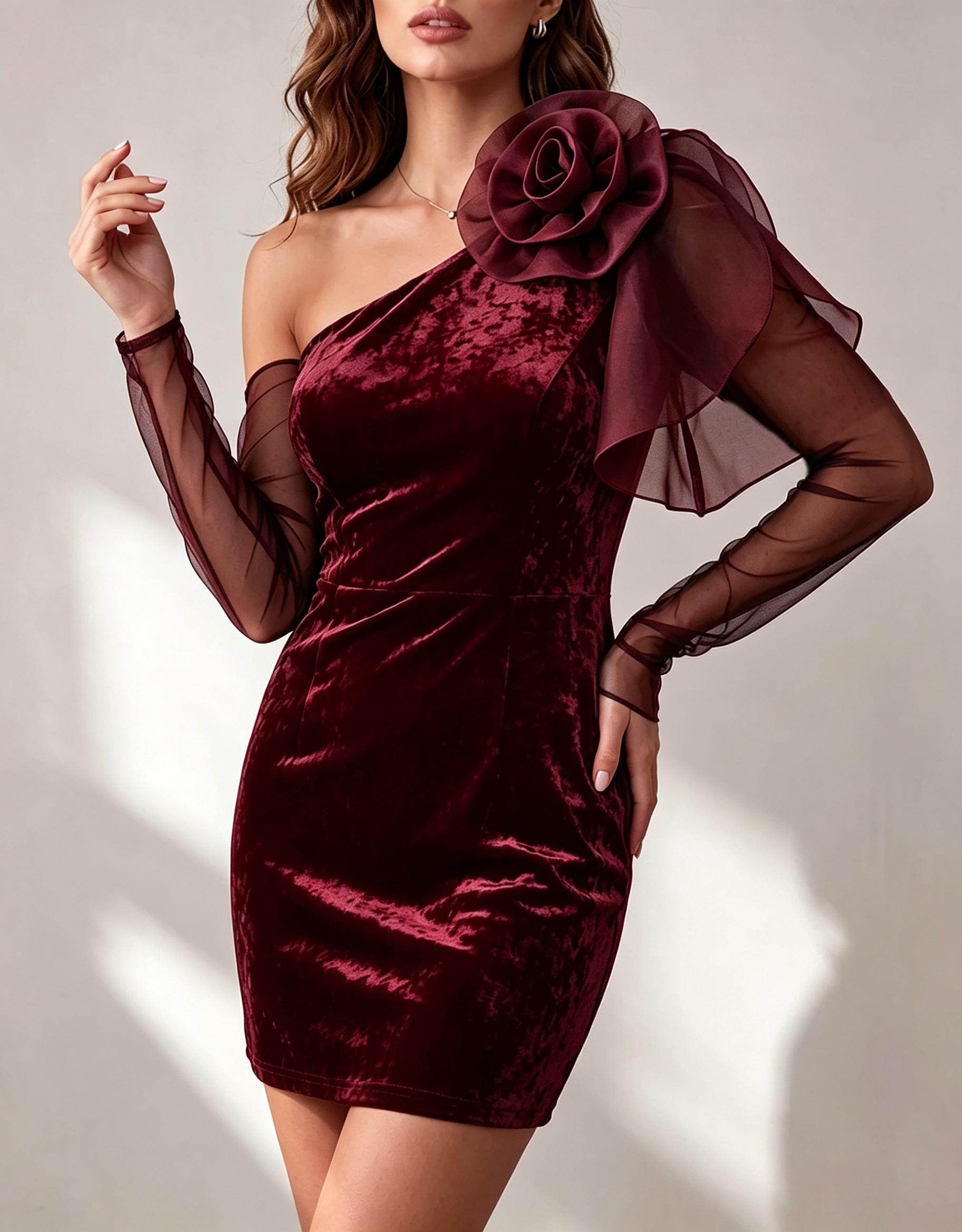Schulterfreies Samt-Chiffon-Minikleid mit 3D-Blumen, langen Ärmeln und figurbetontem Schnitt
