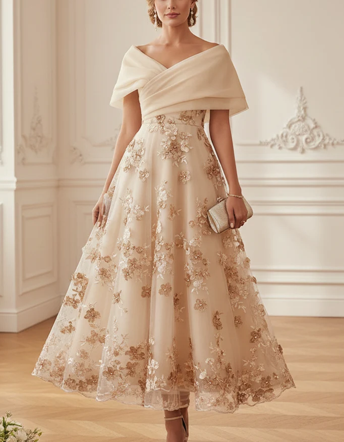Vestido midi romântico evasé com capa drapeada e decote caído nos ombros
