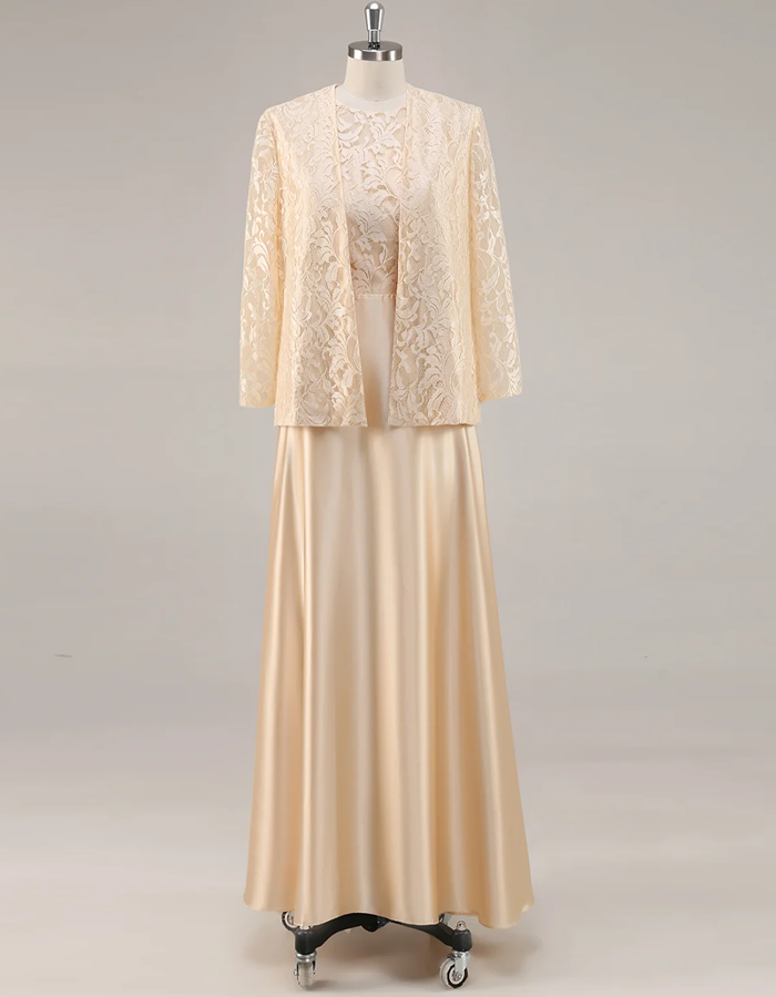 Round Neck Satin Dress with Long‑Sleeve Floral Lace Open Jacket 2-piece Set