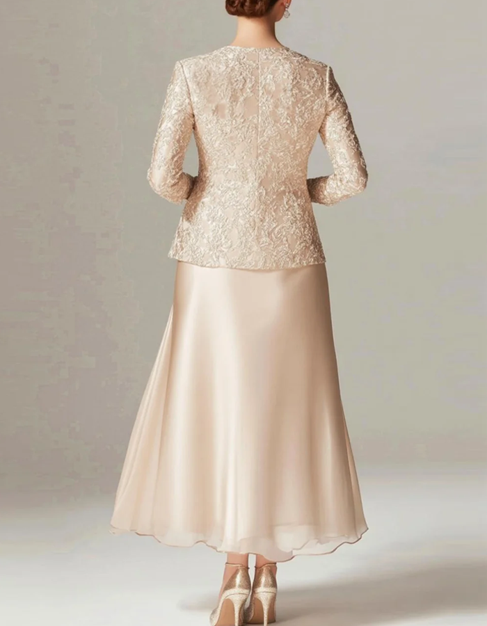 Round Neck Satin Dress with Long‑Sleeve Floral Lace Open Jacket 2-piece Set