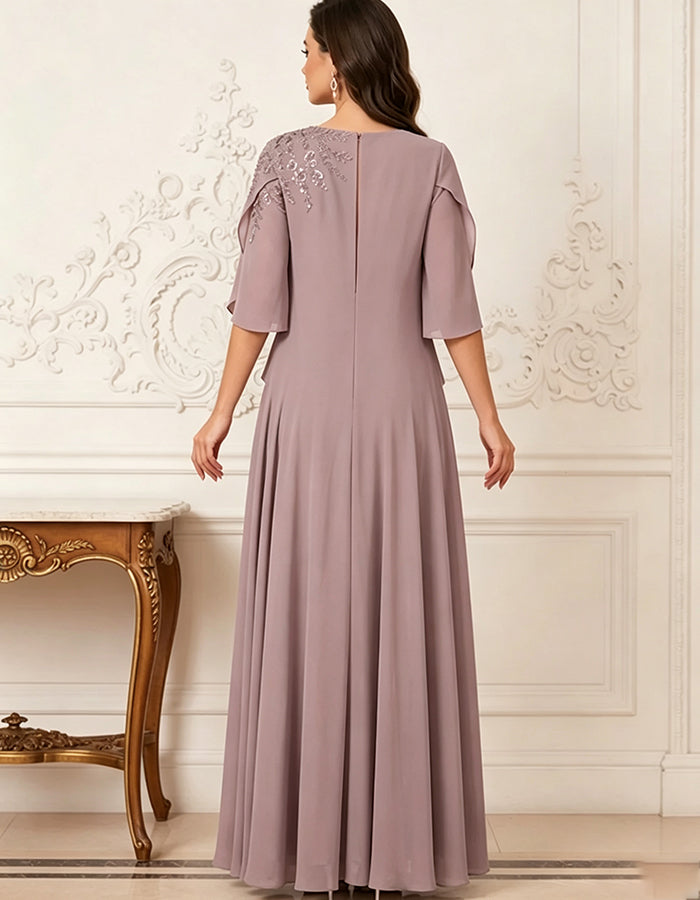 Chiffon Asymmetrical Overlay 3/4 Flared Sleeve Maxi Dress
