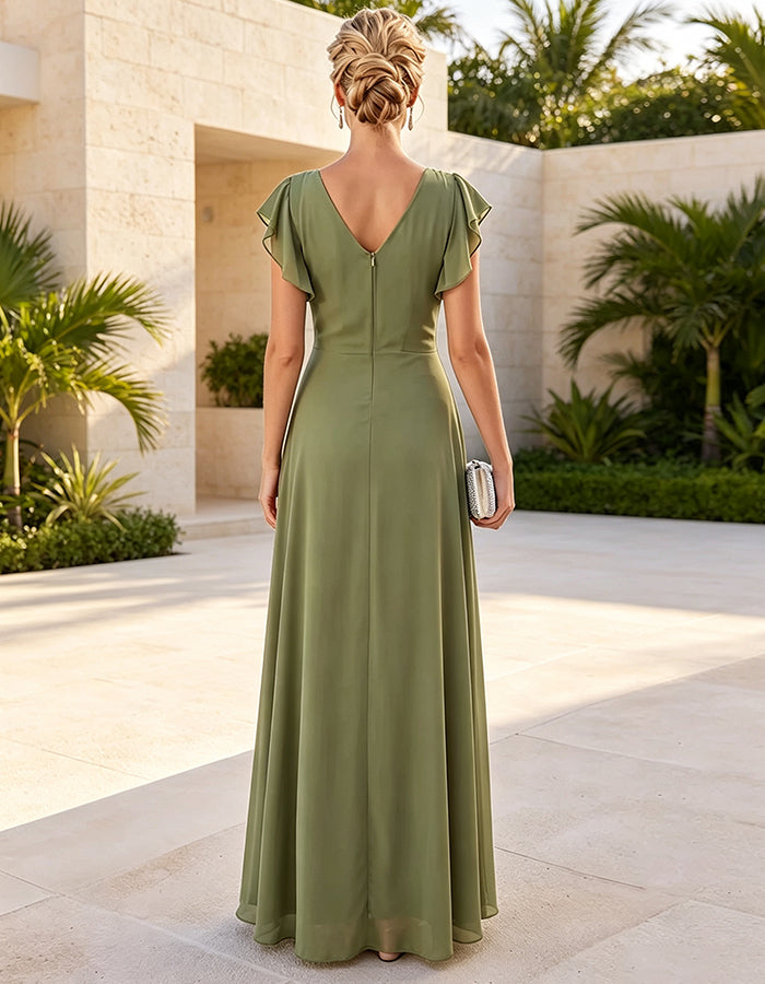 Salbeigrünes Chiffon-Maxikleid mit V-Ausschnitt