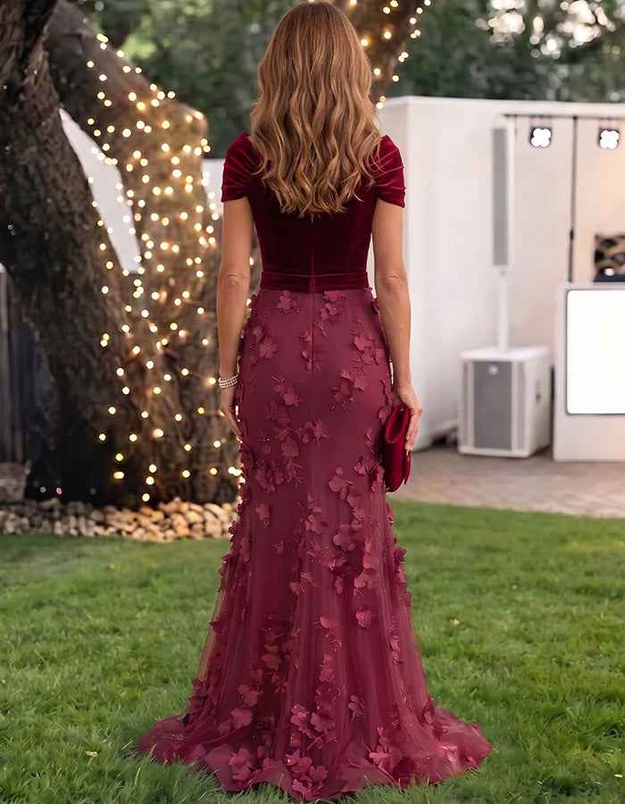 Burgundy Velvet Off‑Shoulder 3D Floral Tulle Maxi Dress