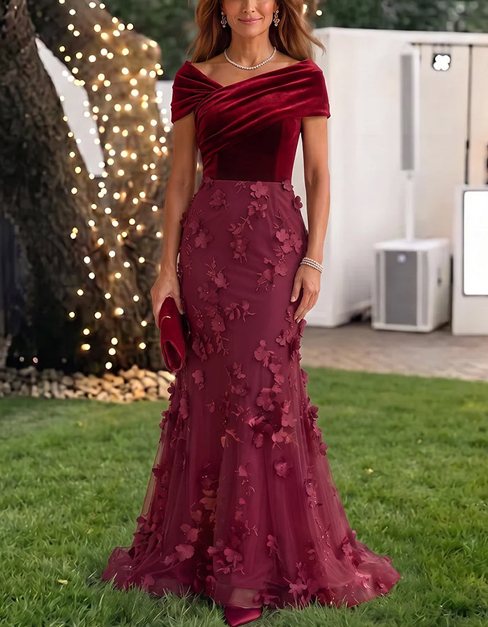 Vestido comprido de tule floral 3D em veludo cor de vinho, com ombros descobertos