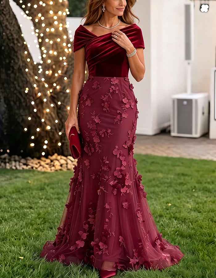 Burgundy Velvet Off‑Shoulder 3D Floral Tulle Maxi Dress