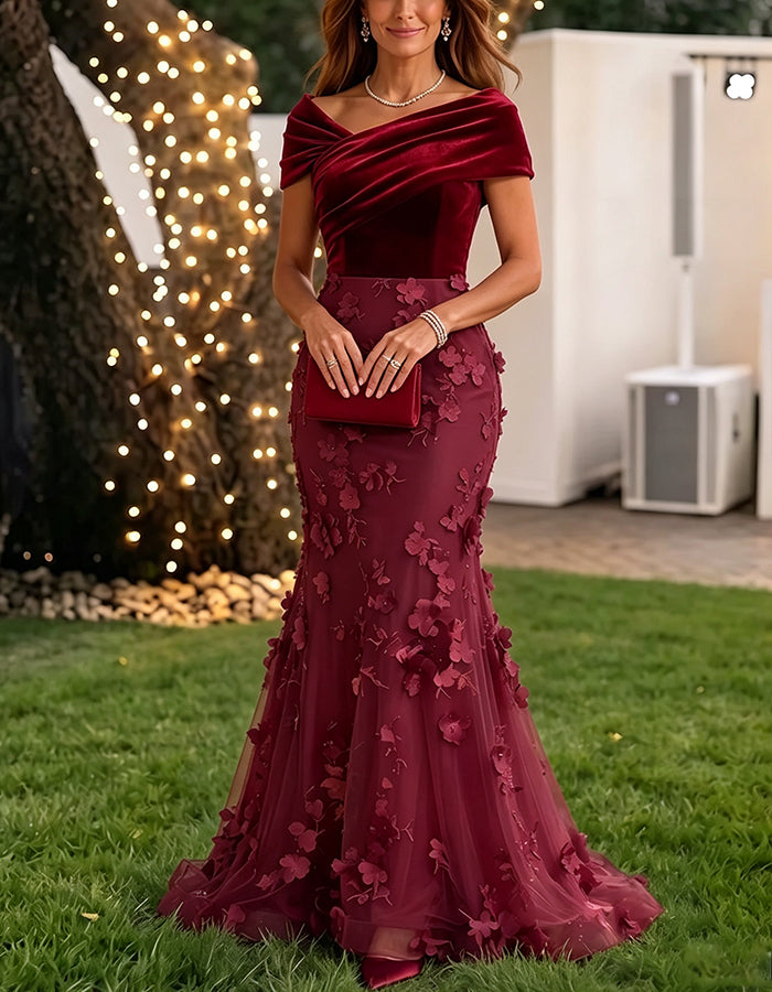 Vestido comprido de tule floral 3D em veludo cor de vinho, com ombros descobertos
