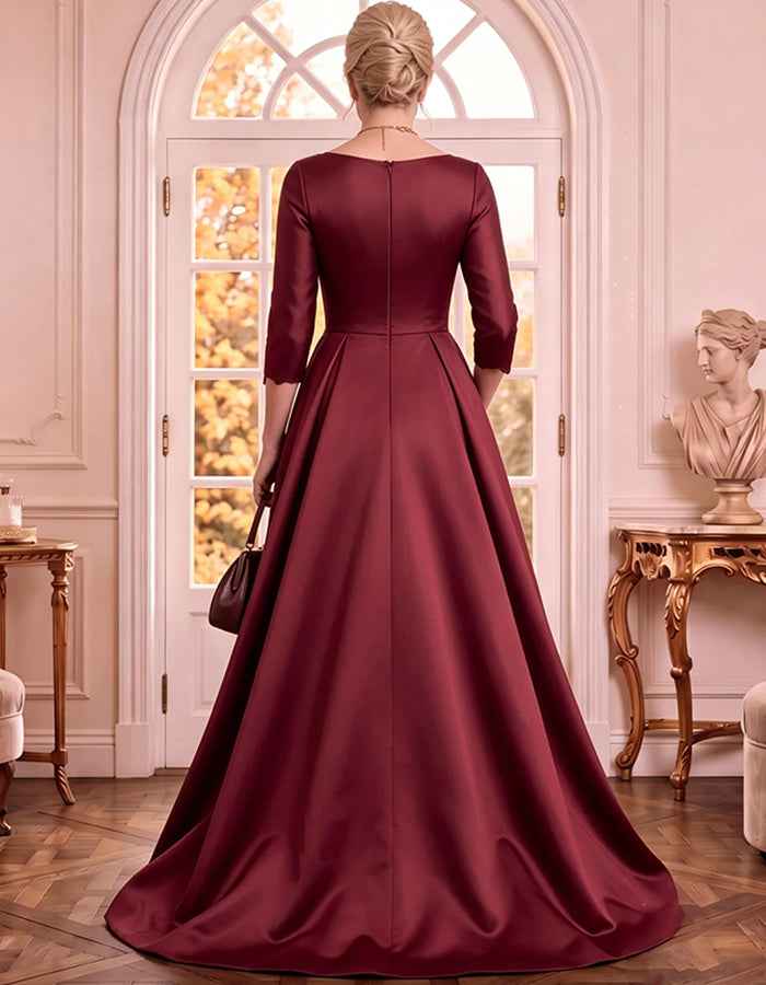 Satin Deep V‑Neck 3/4 Sleeve Lace Floral Applique A‑Line Maxi Dress