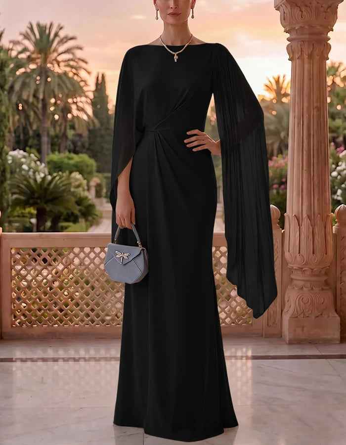 Vestido maxi de chiffon com decote barco, cintura torcida, drapeado e mangas-capa esvoaçantes