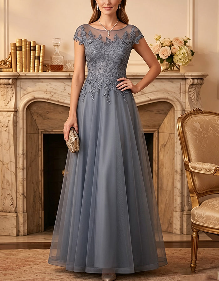 Vestido maxi de tule em linha A, azul-acinzentado, com renda e mangas curtas morcego