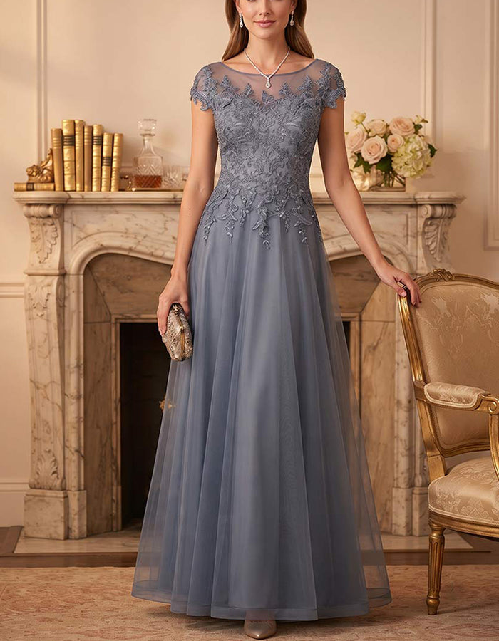 Vestido maxi de tule em linha A, azul-acinzentado, com renda e mangas curtas morcego