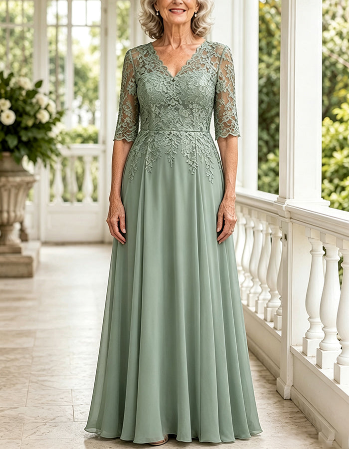 Robe longue trapèze vert sauge en mousseline, à col en V, appliqué en dentelle et manches 3/4