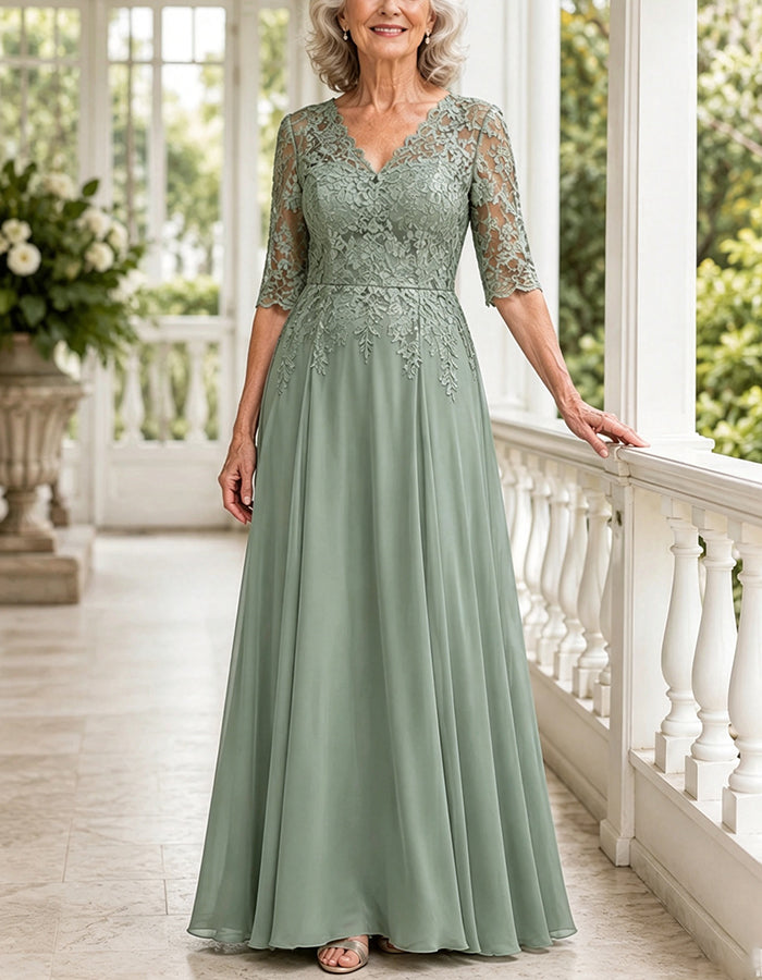 Robe longue trapèze vert sauge en mousseline, à col en V, appliqué en dentelle et manches 3/4