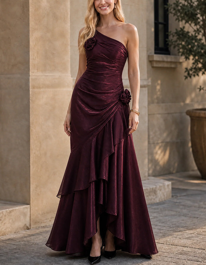 Burgundy Shimmer Chiffon One‑Shoulder Ruffle Slit Maxi Dress
