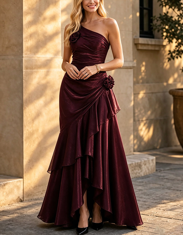 Burgundy Shimmer Chiffon One‑Shoulder Ruffle Slit Maxi Dress