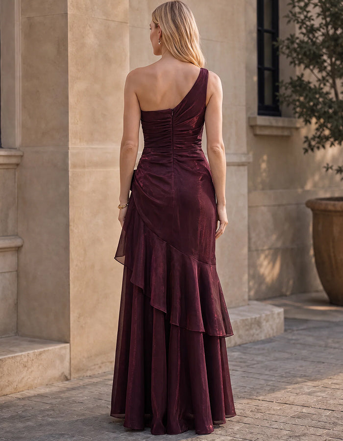 Burgundy Shimmer Chiffon One‑Shoulder Ruffle Slit Maxi Dress