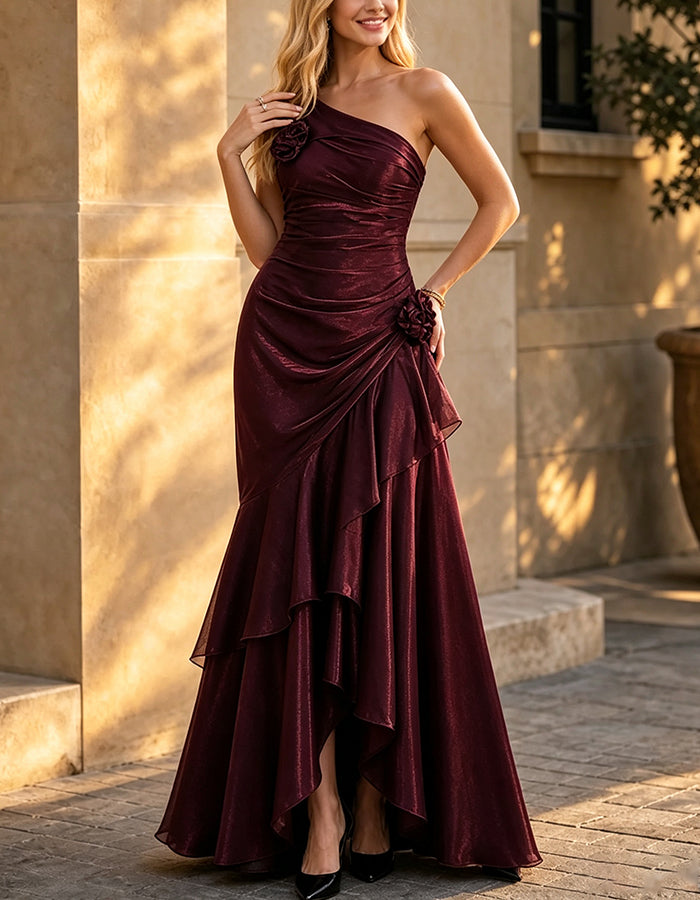 Burgundy Shimmer Chiffon One‑Shoulder Ruffle Slit Maxi Dress