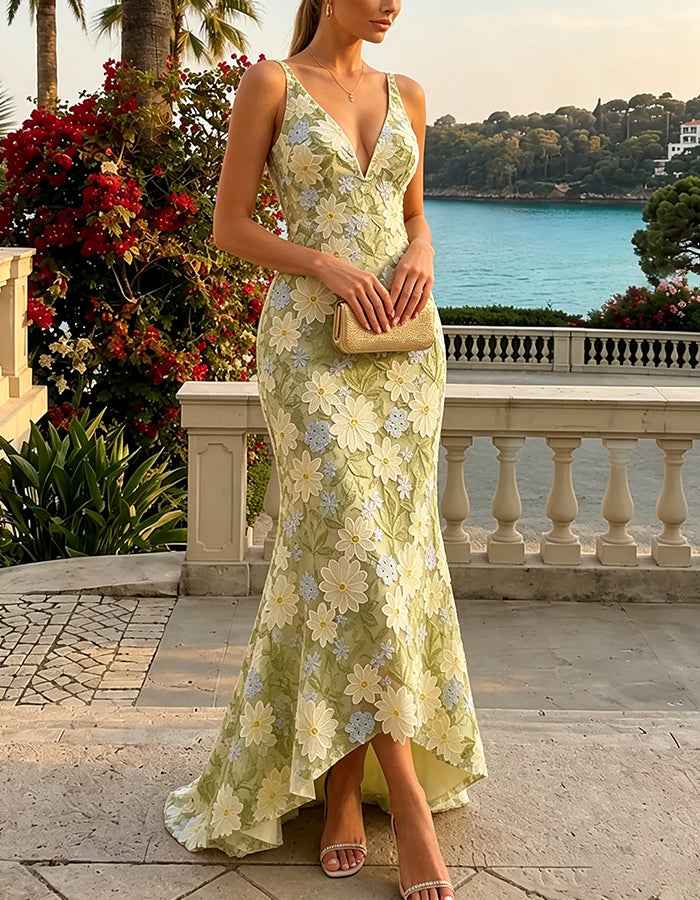 Green 3D Floral Applique V‑Neck Sleeveless High‑Low Maxi Dress
