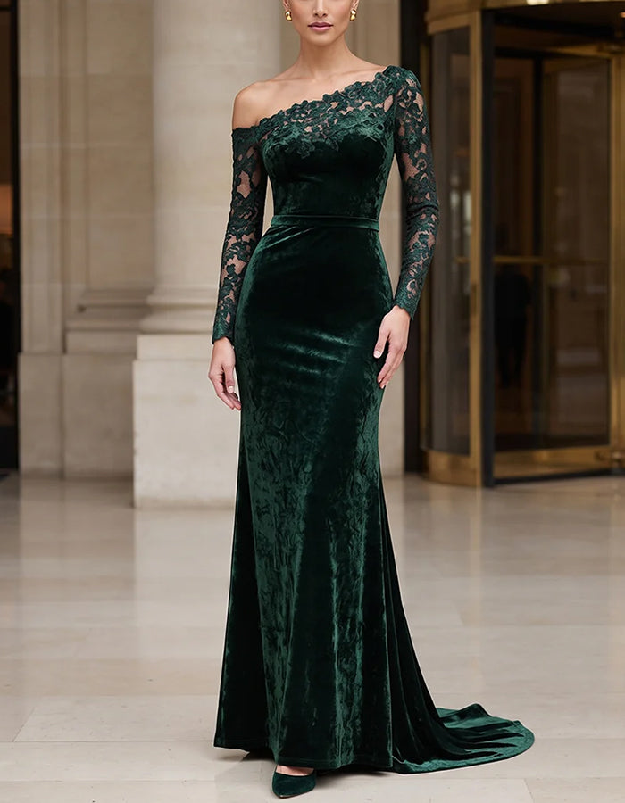 Robe longue maxi vert forêt en velours et dentelle, à épaules dénudées et manches longues