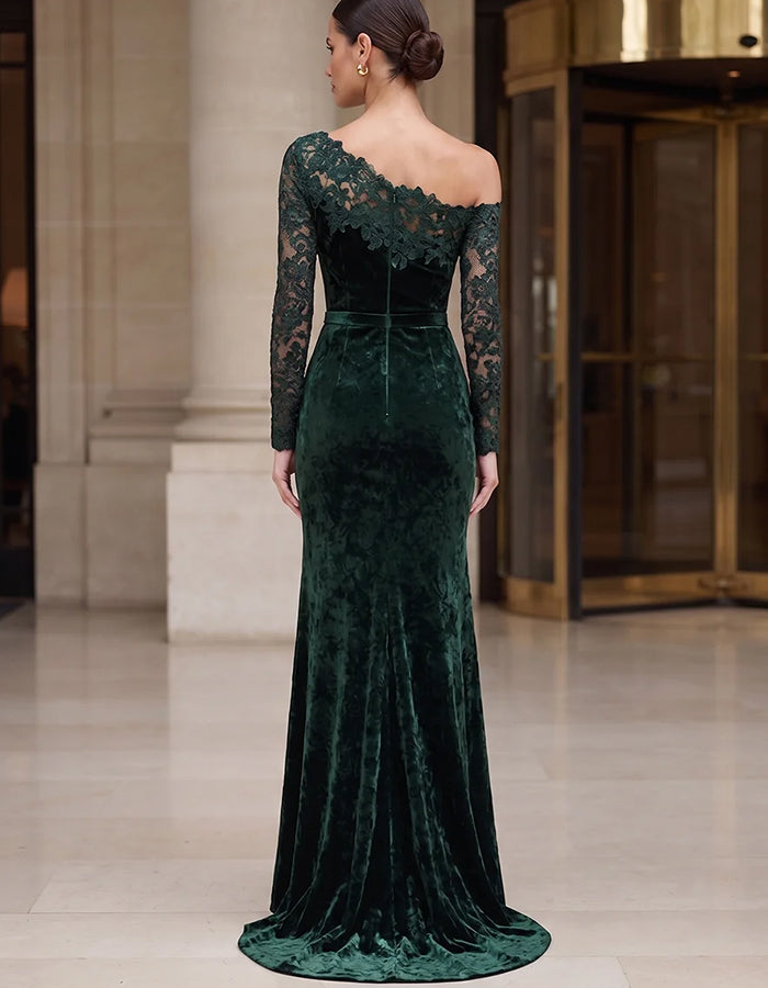 Waldgrünes Samt-Maxikleid mit Spitze, schulterfreiem Schnitt und langen Ärmeln