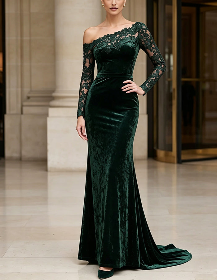Robe longue maxi vert forêt en velours et dentelle, à épaules dénudées et manches longues